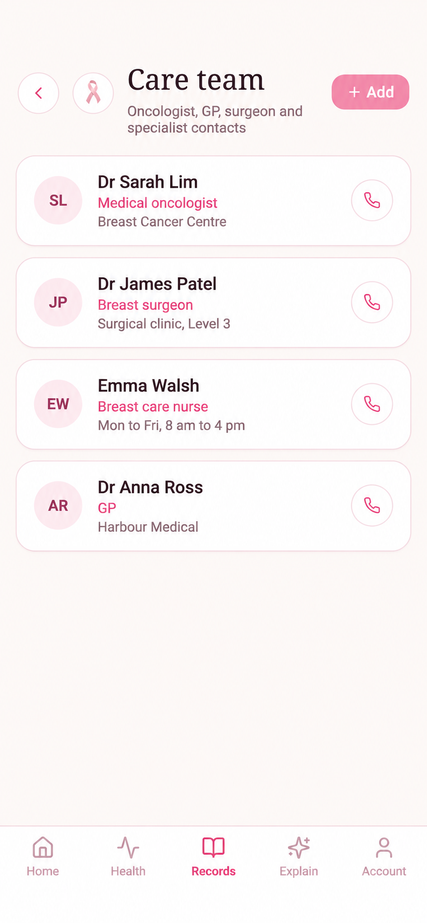 Ribbonside Care team screen