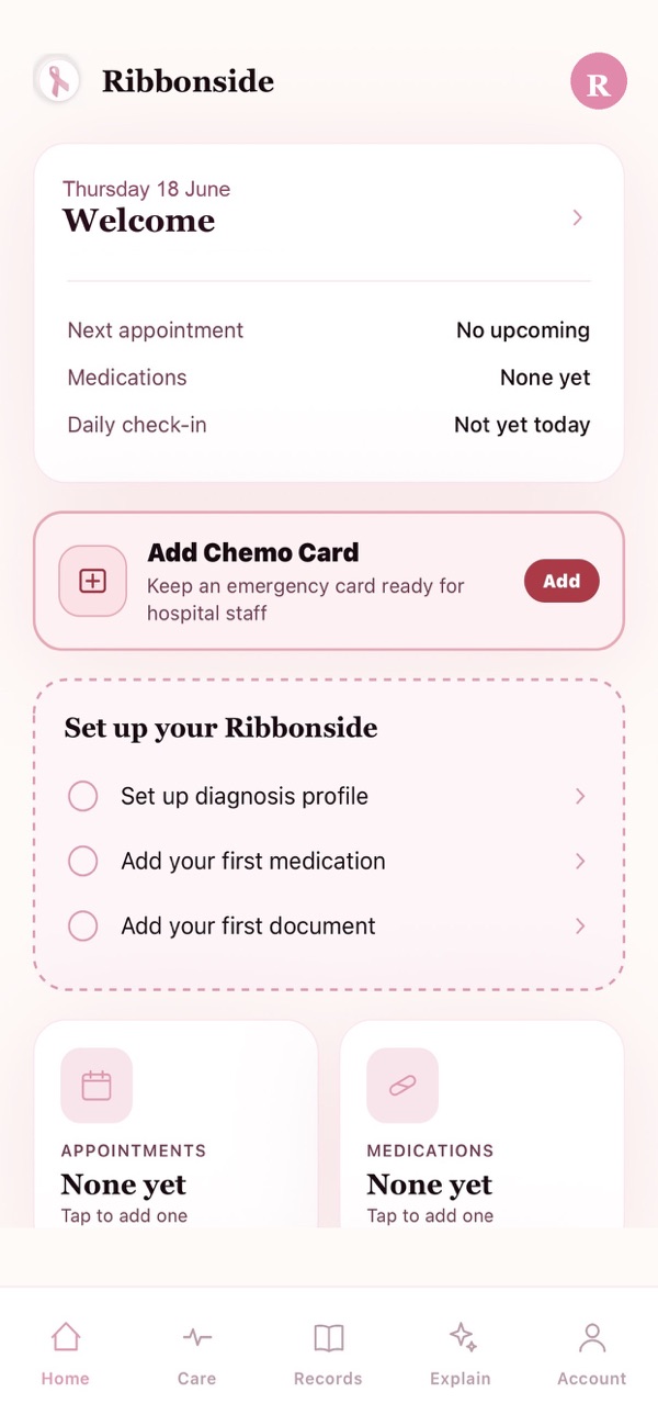 Ribbonside home screen showing next appointment, medications and daily check-in