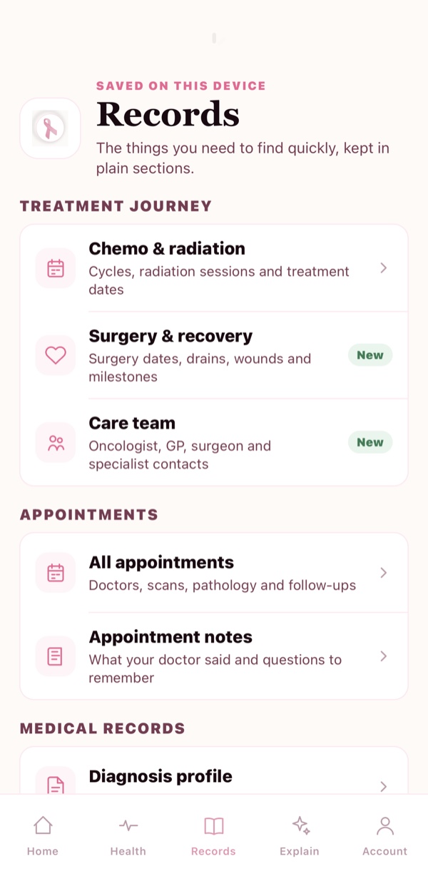 Ribbonside records screen with treatment journey, care team, appointments and medical records