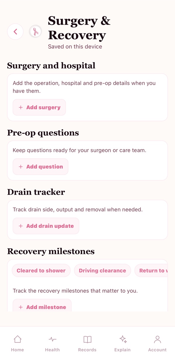 Ribbonside Surgery and Recovery screen showing surgery details, pre-op questions, drain tracking and recovery milestones